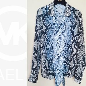 Michael Kors Snake Print Blue Stripe Tie Shirt